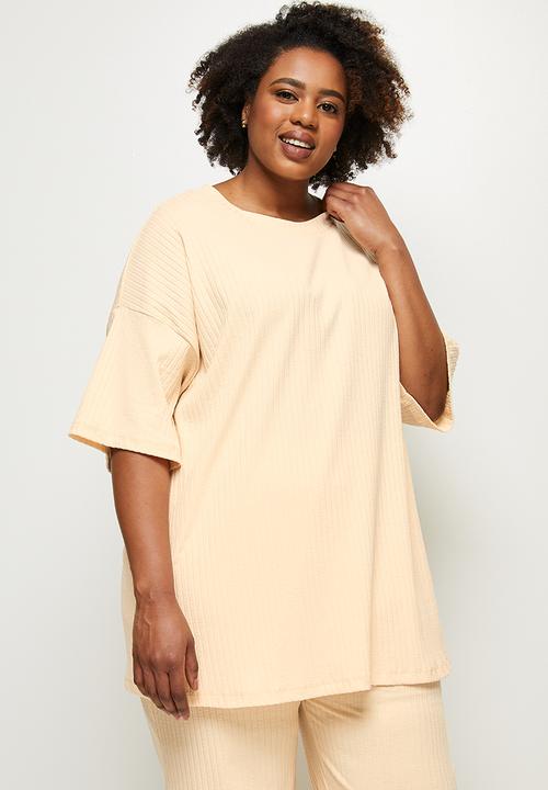 edit Plus - Wide neck crew rib tee - stone