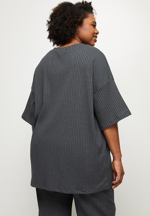 edit Plus - Wide neck crew rib tee - charcoal