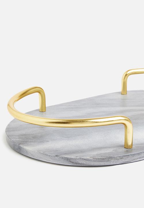 Sixth Floor - Grey marble oval shape drinks tray with gold handles