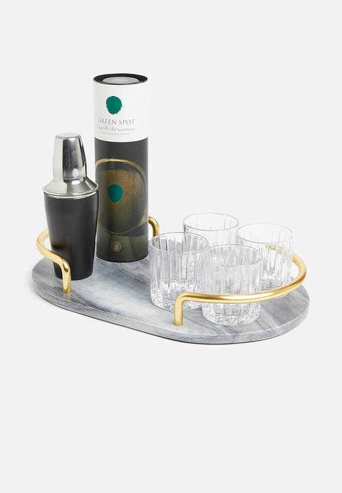 Sixth Floor - Grey marble oval shape drinks tray with gold handles