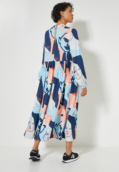 Superbalist - Funnel neck tiered dress - large abstract colour faces