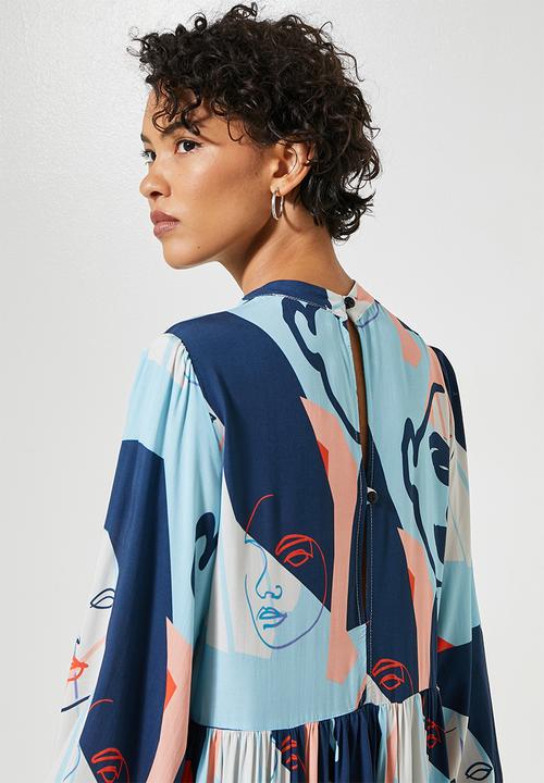 Superbalist - Funnel neck tiered dress - large abstract colour faces