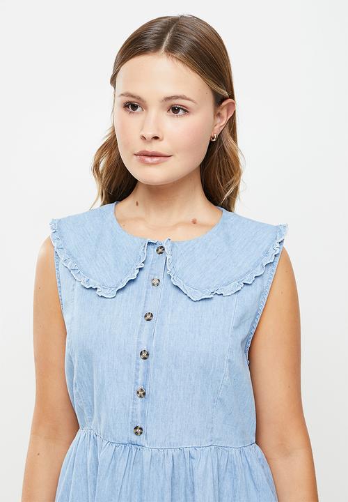 Cotton On - Woven verity sleeveless collar mini dress - light chambray blue