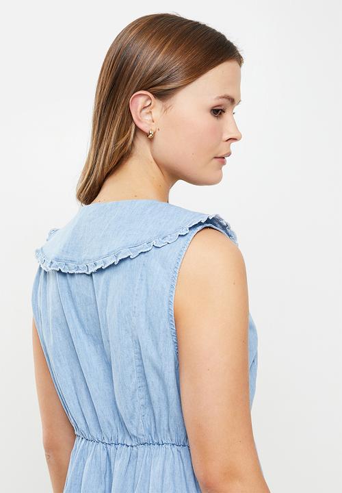 Cotton On - Woven verity sleeveless collar mini dress - light chambray blue