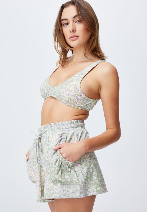 Cotton On - Tie waist beach short - patchwork ditsy green
