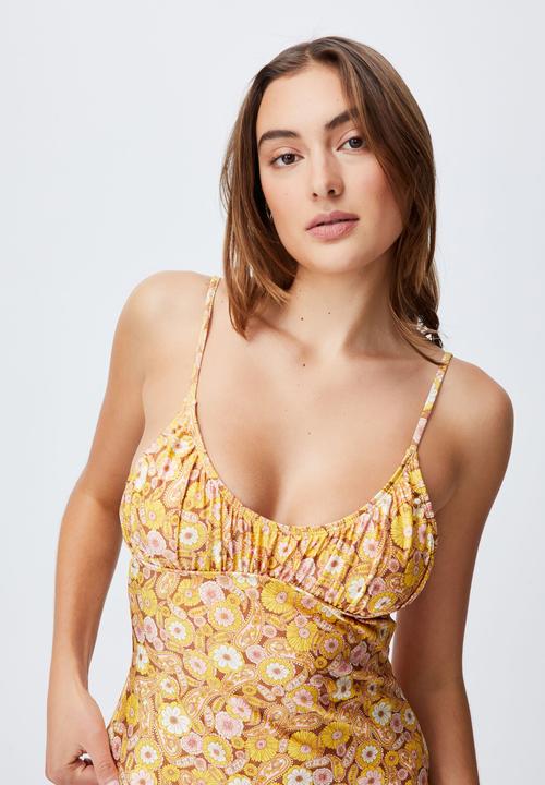 Cotton On - Gathered scoop back one piece cheeky shimmer - retro paisley yellow shimmer