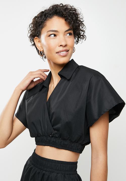 Me&B - Elasticated cotton crop wrap top - black