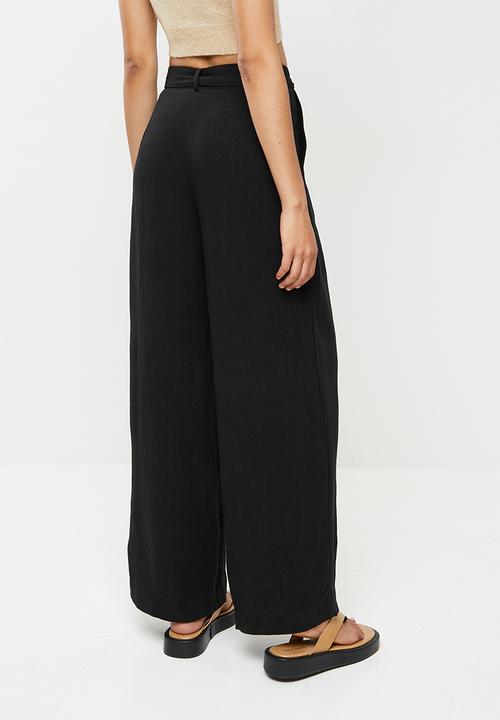 Me&B - Linen wide leg pant with sash - black