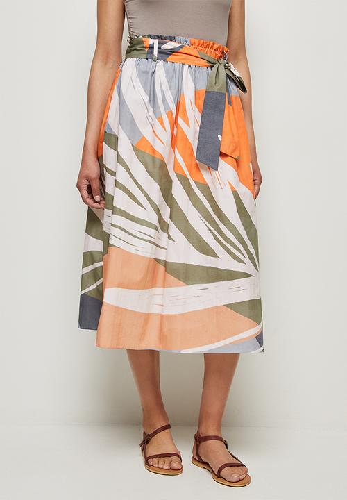 edit - Cotton belted a-line skirt - abstract floral