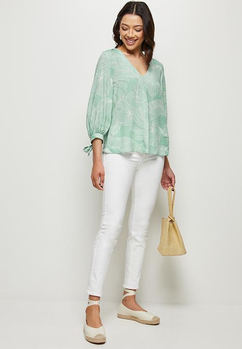 edit - V-neck tie sleeve blouse - sage foliage