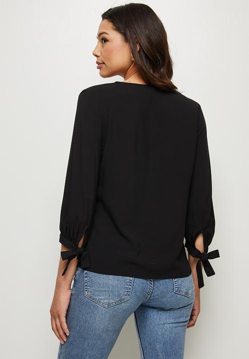 edit - V-neck tie sleeve blouse - black