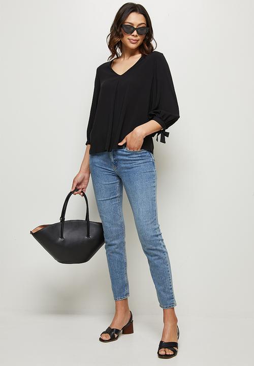 edit - V-neck tie sleeve blouse - black
