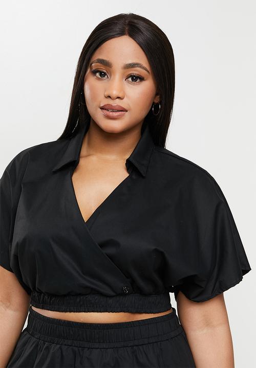 Me&B - Plus elasticated cotton crop wrap top - black
