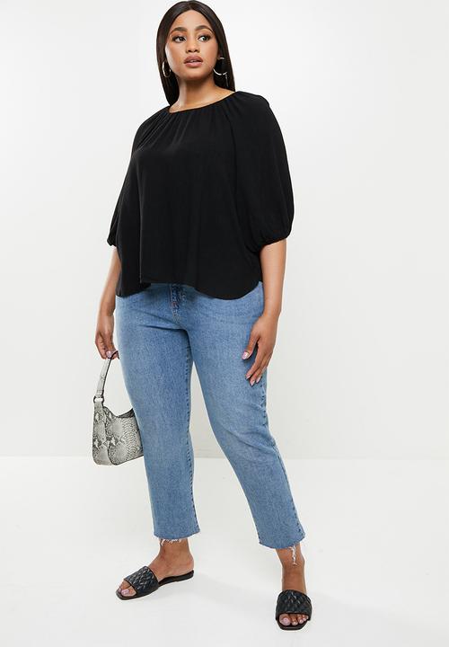Me&B - Plus linen gauged blouse - black