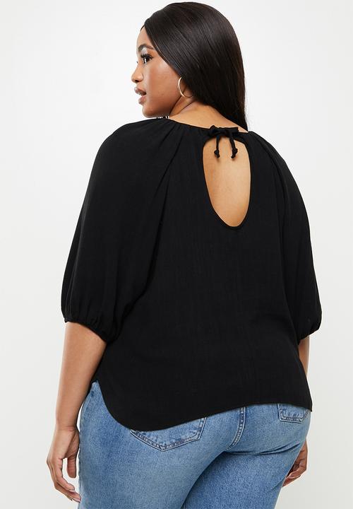 Me&B - Plus linen gauged blouse - black