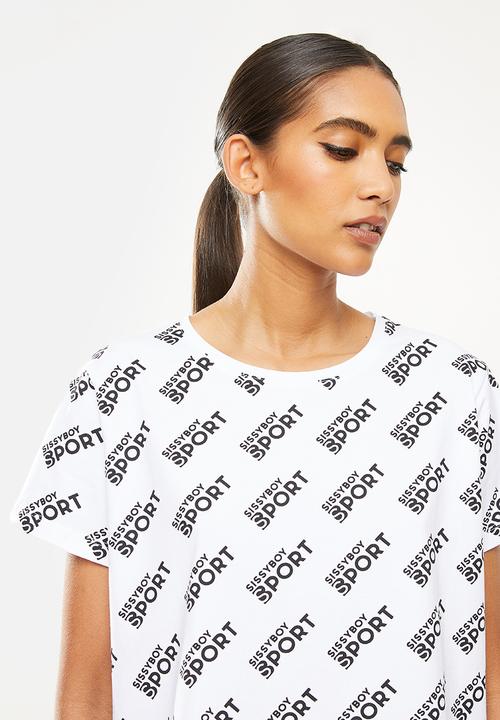 SISSY BOY - Over-sized, boxy loose top with all-over branded print - white & black