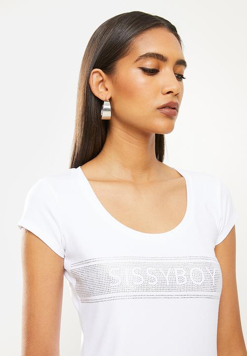 SISSY BOY - No time like now: basic round neck top with cap sleeves and bling logo - white