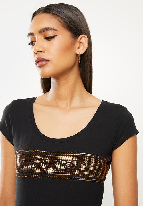 SISSY BOY - No time like now: basic round neck top with cap sleeves and bling logo - black