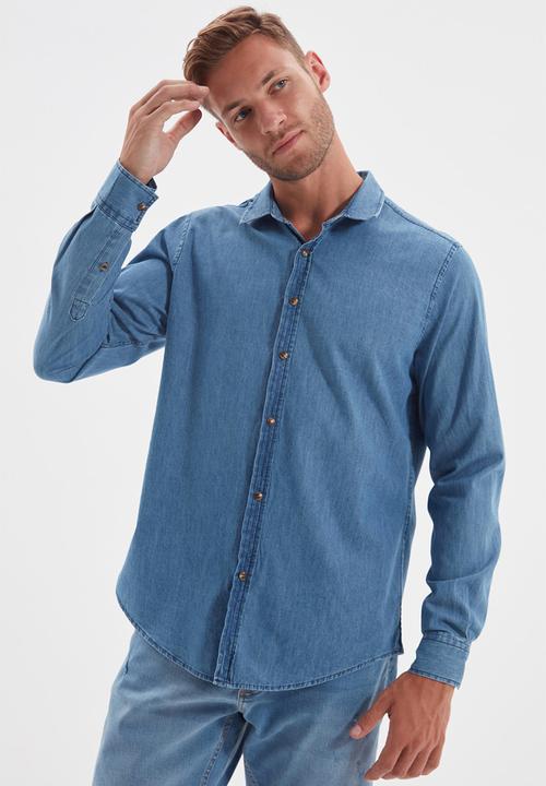 Trendyol - Button down long sleeve denim shirt - indigo