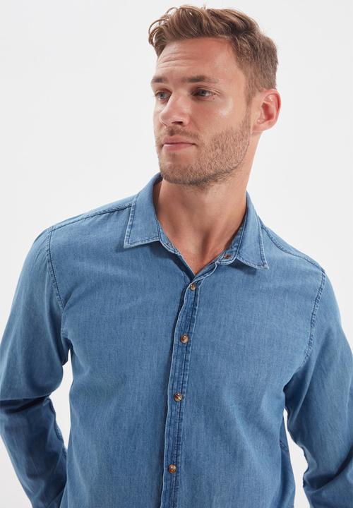 Trendyol - Button down long sleeve denim shirt - indigo
