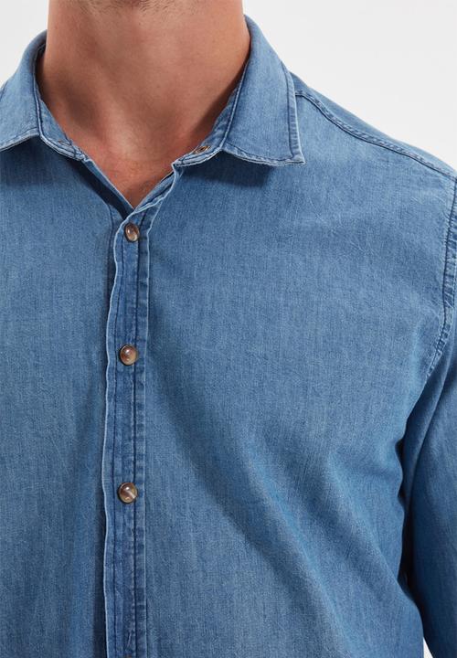 Trendyol - Button down long sleeve denim shirt - indigo