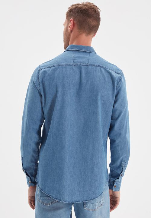 Trendyol - Button down long sleeve denim shirt - indigo