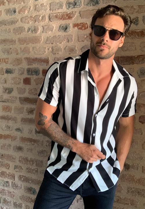 Trendyol - Vertical stripe short sleeve shirt - black & white 