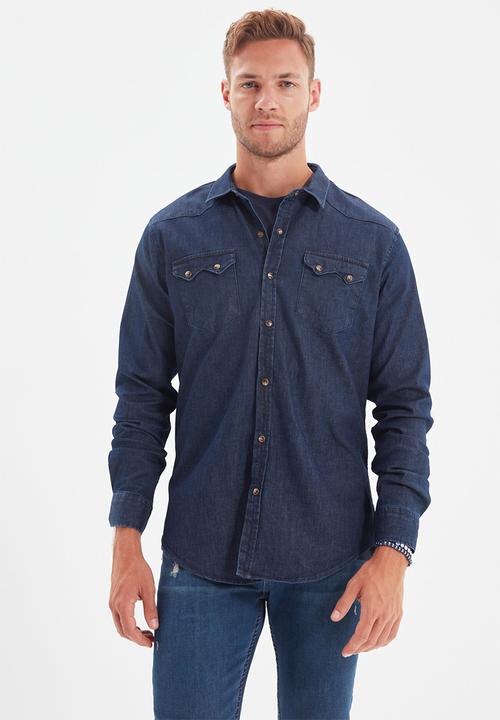 Trendyol - Denim double pocket long sleeve shirt - navy