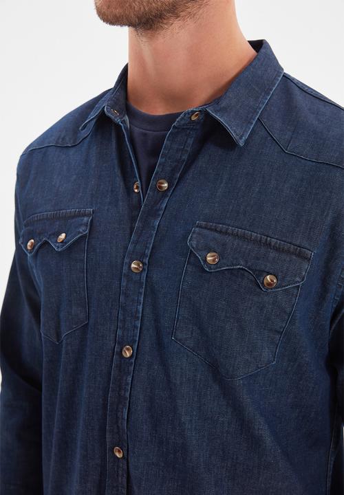 Trendyol - Denim double pocket long sleeve shirt - navy