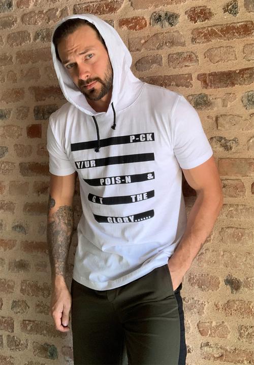 Trendyol - Printed short sleeve hooded tee - white
