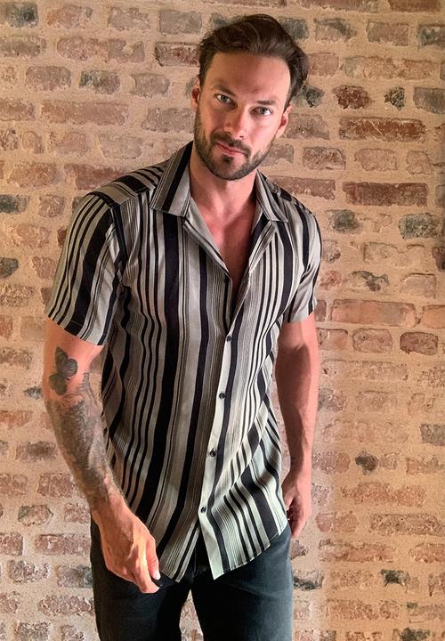 Trendyol - Multi vertical stripe short sleeve shirt - khaki & black 