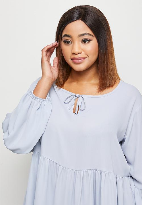 edit Plus - Babydoll balloon sleeve keyhole blouse - light grey