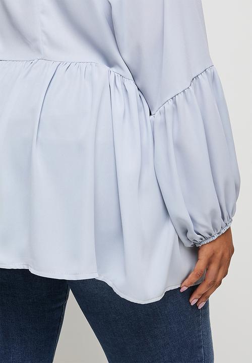 edit Plus - Babydoll balloon sleeve keyhole blouse - light grey