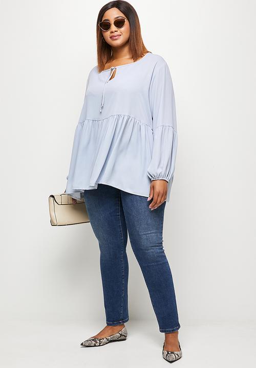 edit Plus - Babydoll balloon sleeve keyhole blouse - light grey