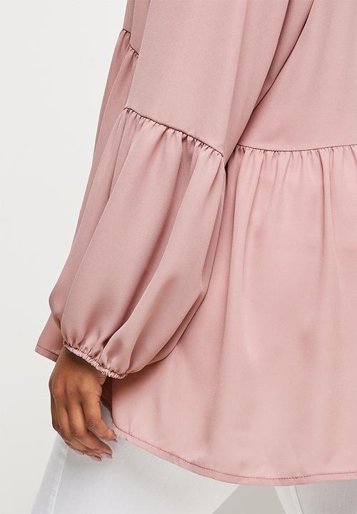 edit Plus - Babydoll balloon sleeve keyhole blouse - rose
