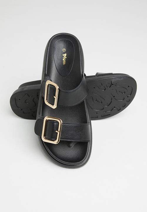 Plum - Kaylee double strap big buckle slide - black