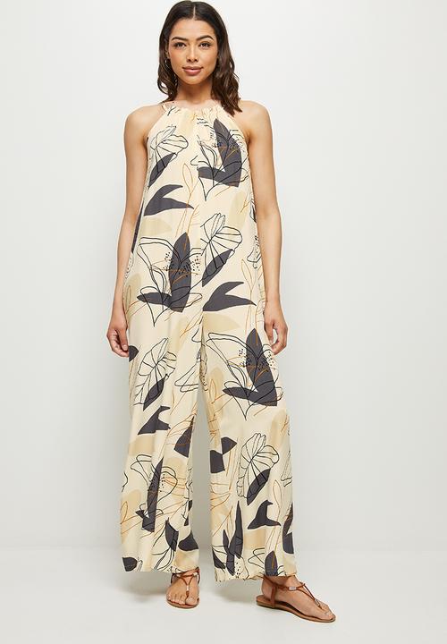 edit - Highneck flared jumpsuit - neutral abstract leaf