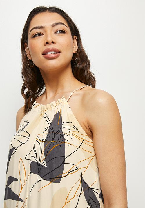 edit - Highneck flared jumpsuit - neutral abstract leaf