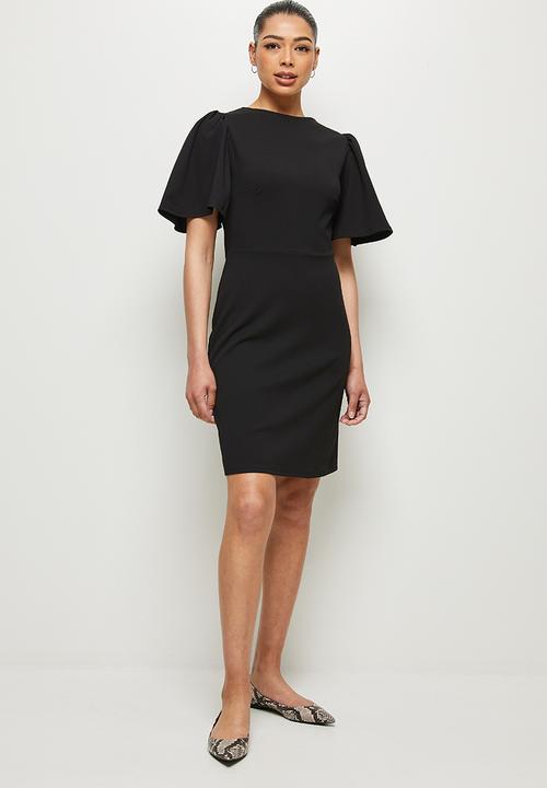 edit - Crepe flutter sleeve fit & flare - black