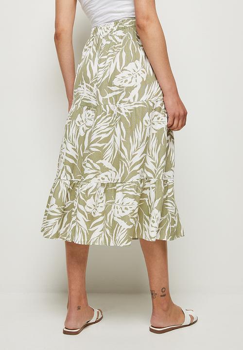 MILLA - Tiered maxi skirt - green & white 