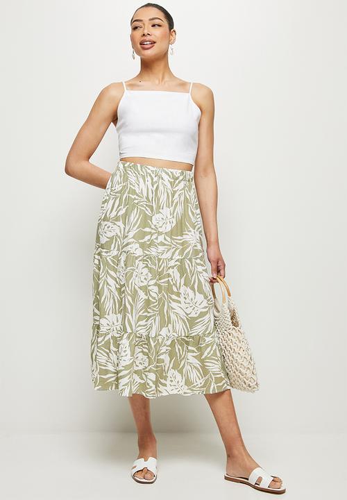 MILLA - Tiered maxi skirt - green & white 