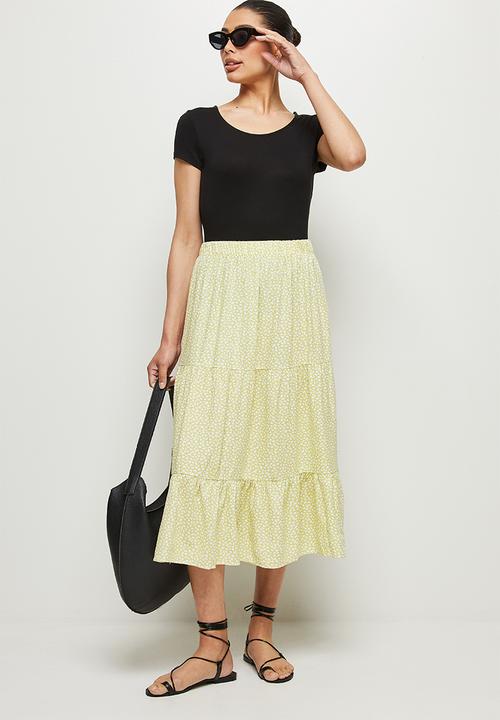 MILLA - Tiered maxi skirt - lime & white