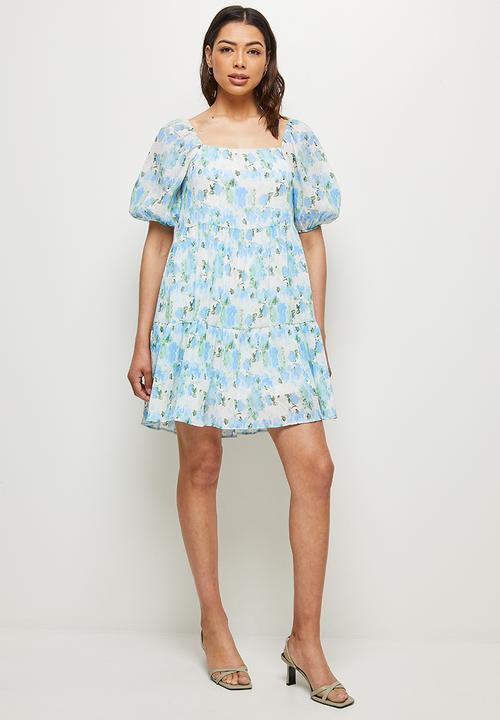 MILLA - Textured square neck mini dress - blue & green 