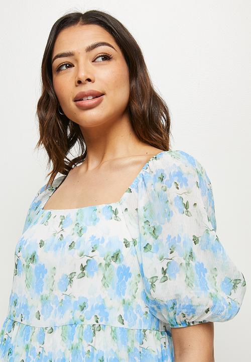 MILLA - Textured square neck mini dress - blue & green 