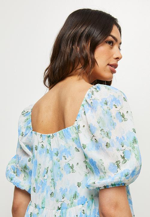 MILLA - Textured square neck mini dress - blue & green 