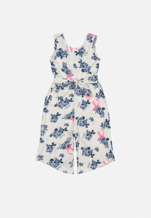 Quimby - Girls printed playsuit with bows - off white & blue 