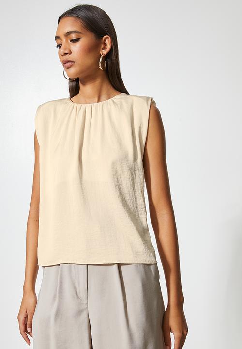 VELVET - Muscle shoulderpad blouse with gauged neck detail - neutral 