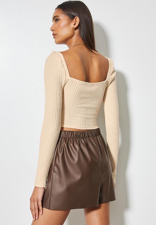 VELVET - Rib sweetheart wrap over front crop - beige 