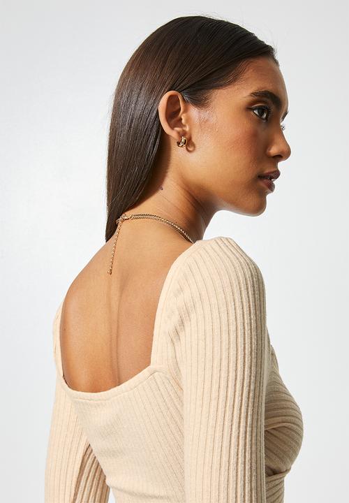VELVET - Rib sweetheart wrap over front crop - beige 