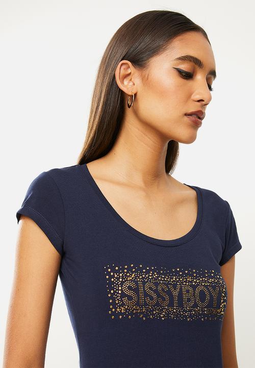 SISSY BOY - Do your thang boo: basic round neck top with cap sleeves and bling logo - navy